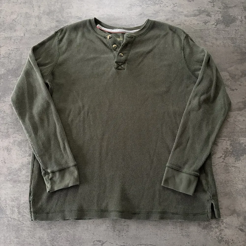 Outdoor Life Mens Field Thermal Henley Shirt L Green Long Sleeve Waffle Knit